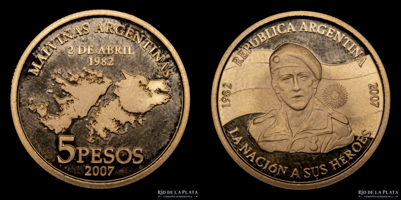 Argentina. 5 pesos 2007. Aniversario Malvinas. Solo 1.000 acuñadas. Oro 900; 22m...