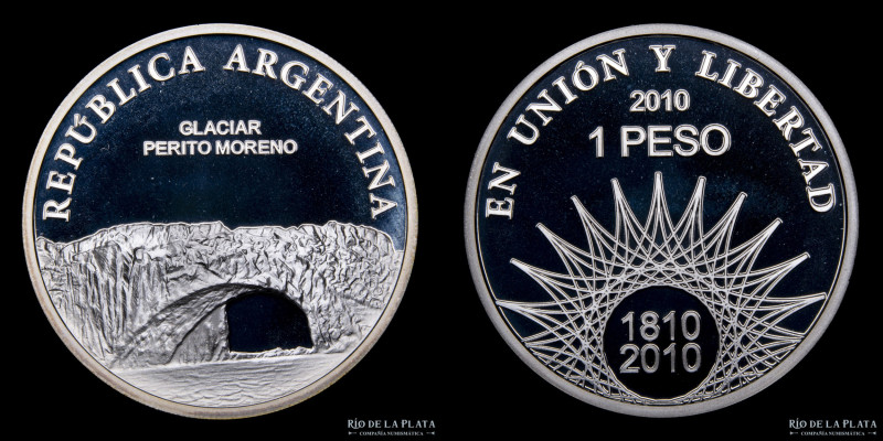 Argentina. 1 Peso 2010. Bicentenario. Glaciar Perito Moreno. Plata 900; 37mm; 25...