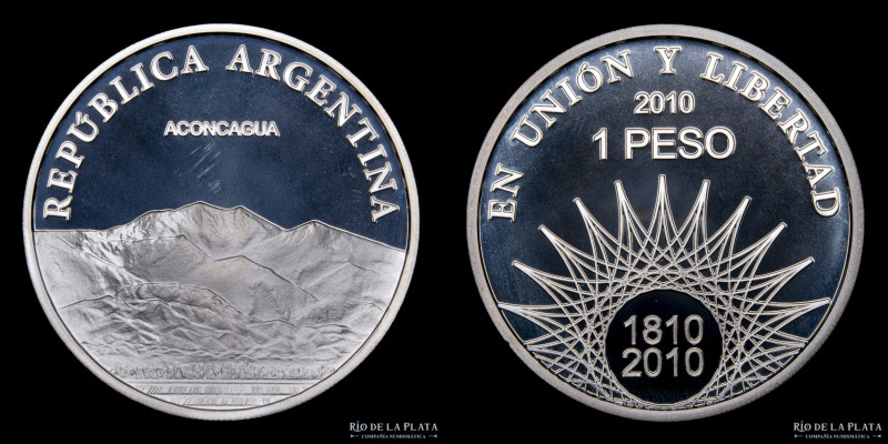 Argentina. 1 Peso 2010. Bicentenario. Aconcagua. Plata 900; 37mm; 25g. (Proof) C...