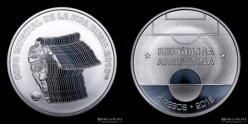 Argentina. 5 Pesos 2018. Copa Mundial de la FIFA Rusia 2018. Plata 900; 40.0mm; ...