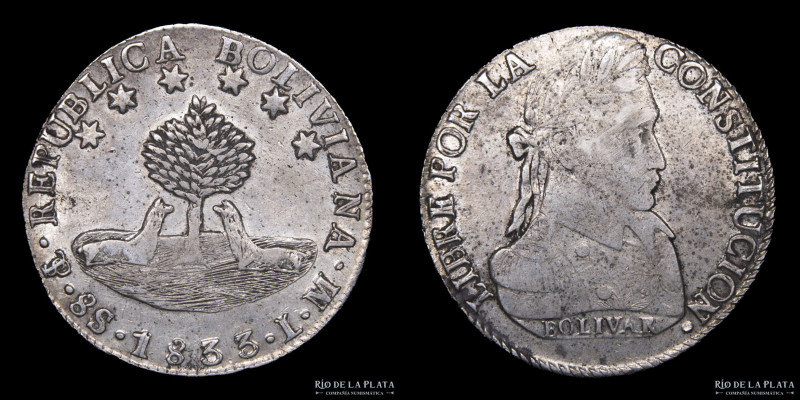 Bolivia. 8 Soles 1833 LM. Simón Bolivar. Plata 903; 37.0mm; 27.24g. KM97 Raspone...