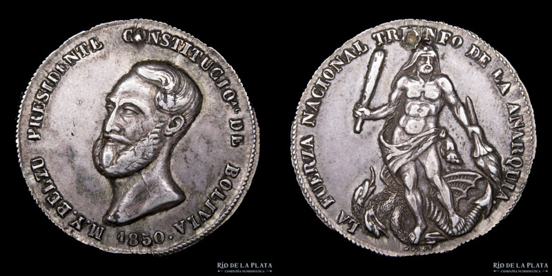 Bolivia. 1850. 4 Soles. Belzú Presidente Constitucional. Plata; 33mm; 13.53g. A:...