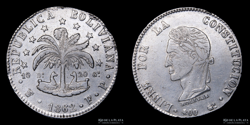 Bolivia. 8 Soles 1862 FP. Ceca de Potosí. Simón Bolivar. Plata 903; 35.5mm; 19.9...