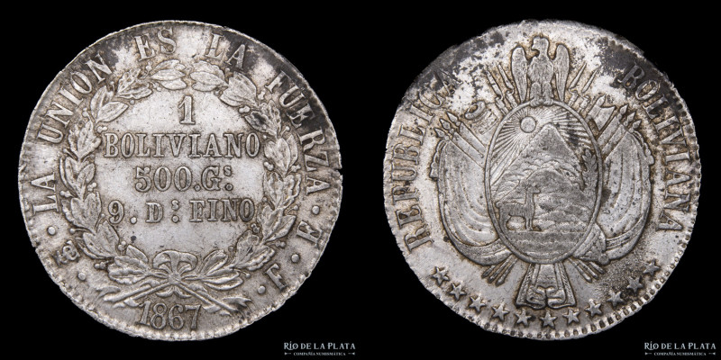 Bolivia. 1 Boliviano 1867 FE. Ceca de Potosí. Plata 900; 35.0mm; 24.34g. KM152.2...