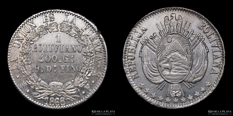 Bolivia. 1 Boliviano 1868/7 FE. 11 estrellas. Plata 900; 36.0mm; 24.99g. KM152.2...