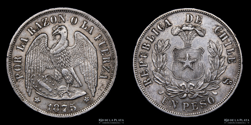 Chile. 1 Peso 1875 So. Ceca de Santiago. Plata 900; 37.0mm; 25.06g. Cóndor. KM14...