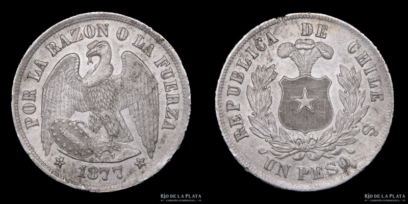 Chile. 1 Peso 1877 So. Santiago mint. Plata 900; 37.0mm; 25.14g. Cóndor. KM142.1...