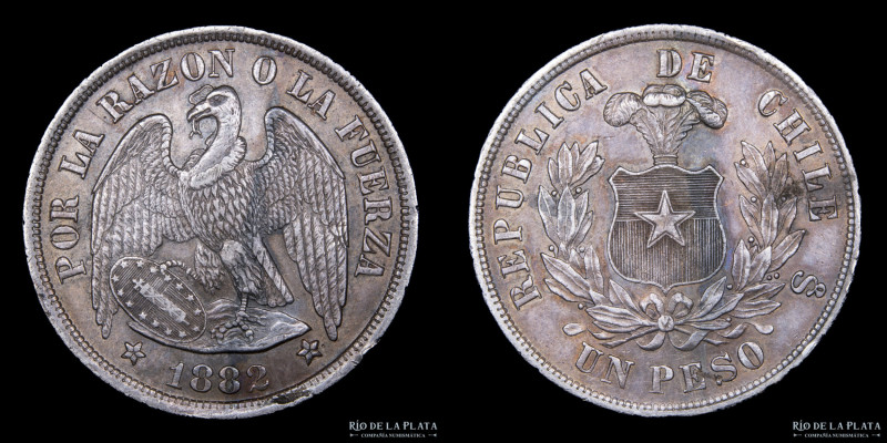 Chile. 1 Peso 1882 So. Ceca de Santiago. Plata 900; 37.0mm; 25.06. Cóndor. KM142...