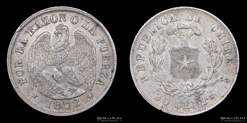 Chile. 20 Centavos 1878. Plata 900; 23mm; 4.65g. KM 159.1 (XF)

Estimate: USD ...