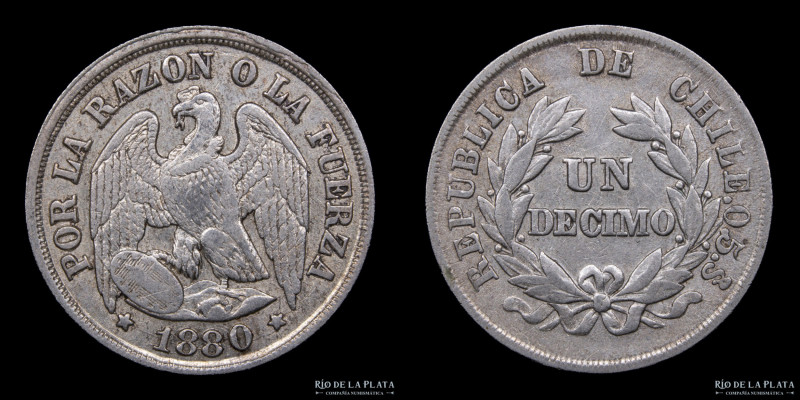 Chile. 1 Décimo 1880 So. Ceca de Santiago. Plata 500; 18.0mm; 2.48gCantidad acuñ...