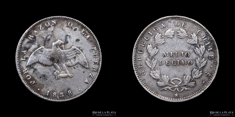 Chile. 1/2 Décimo 1858 So. Ceca de Santiago. Plata 900; 15.5mm; 1.26g. Cantidad ...