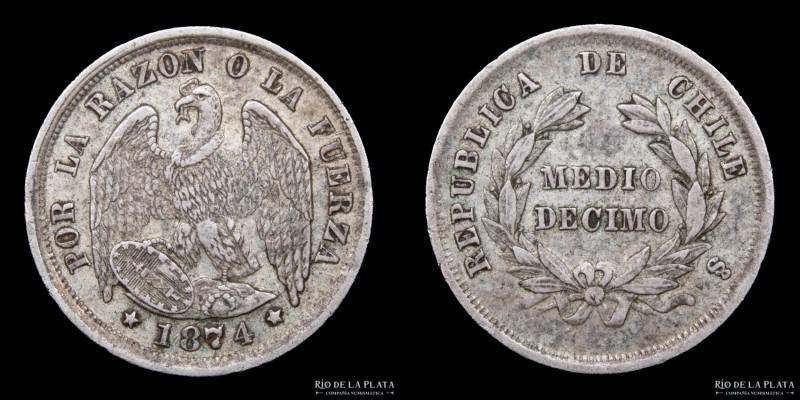 Chile. 1/2 Décimo 1874 So. Ceca de Santiago. Plata 835; 15.0mm; 1.17g. Cantidad ...