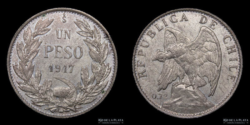 Chile. 1 Peso 1917 So. Ceca de Santiago. Plata 720; 28.0mm; 9.00g. KM152.4 (XF)...