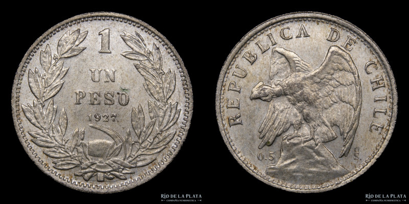 Chile. 1 Peso 1927 So. Ceca de Santiago. Variedad 1 "grueso". Plata 500; 29.0mm;...