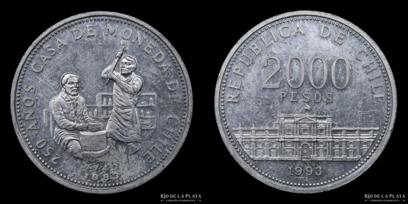 Chile. 2000 Pesos 1993. 250º Aniversario de la ceca de Santiago. Plata 500; 26.2...