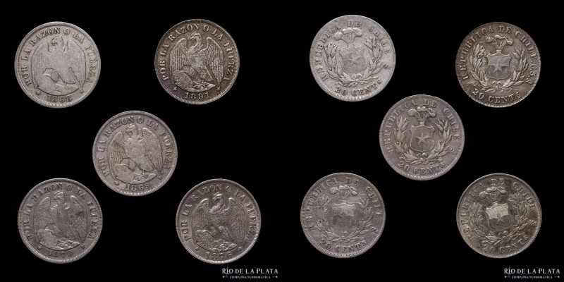 Chile. Lote x5. 20 Centavos (1868-1891). Plata 835; 23mm; 23.72g (total) (F+/XF)...