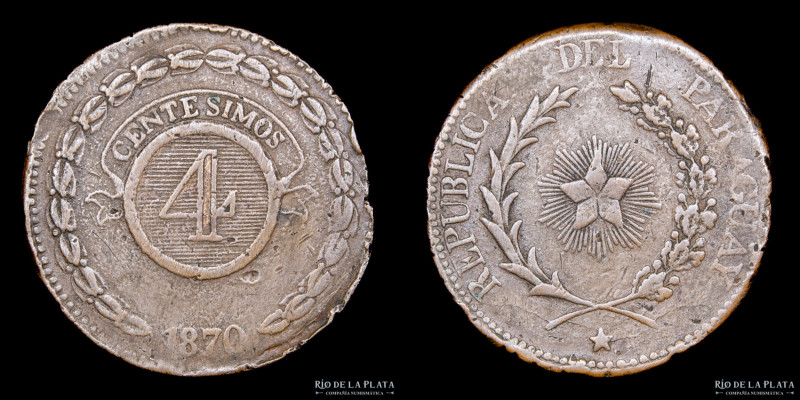 Paraguay. 4 Centésimos 1870. Asunción, Acuñación rústica, Cobre; 35.5mm; 20.49g....