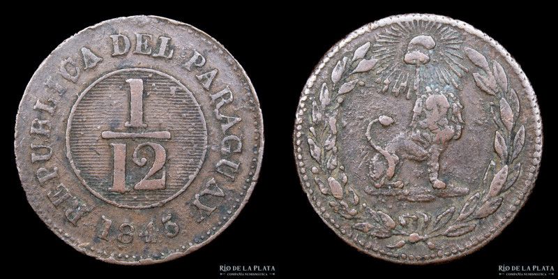 Paraguay. 1/12 Real 1845. Asunción mint. Cobre; 24.0mm; 6.15g. KM1.2 (VF) Acuñac...