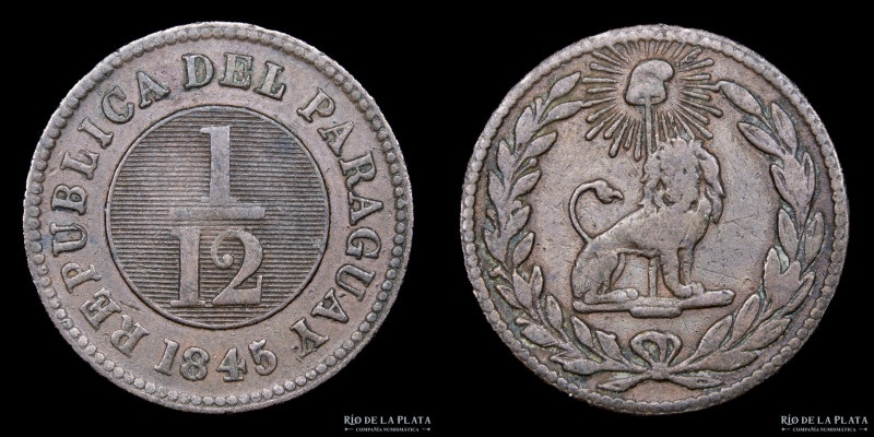 Paraguay. 1/12 Real 1845. Birmingham mint. Cobre; 23.5mm; 6.08g. KM1.1 (VF)

E...