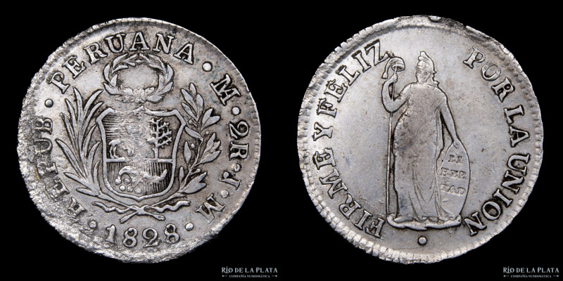 Perú. 2 Reales 1828 JM. Ceca de Lima. Plata 903; 28.0mm; 6.22g. KM141.1 (VF)

...