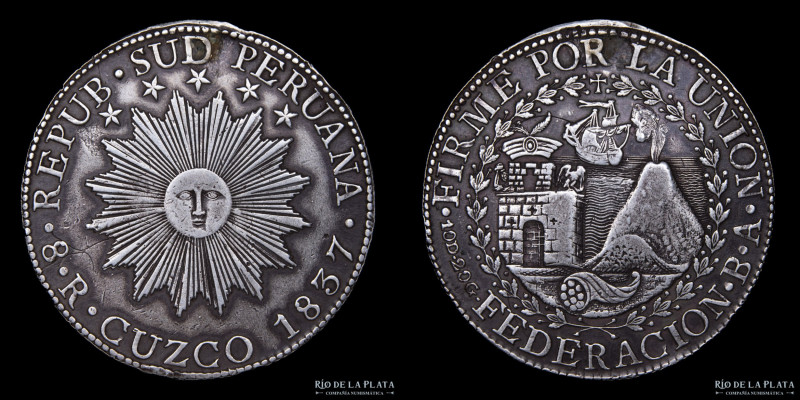 Perú. Rep. Sud Peruana. 8 Reales 1837 BA. Federación. Cuzco. Plata 903; 39.0mm; ...