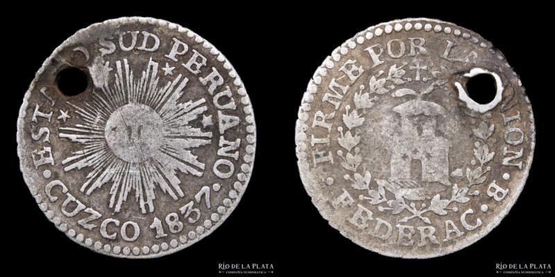 Perú. República Sud Peruana. 1/2 Real 1837 B. Cuzco Mint. Único año. Plata 667; ...