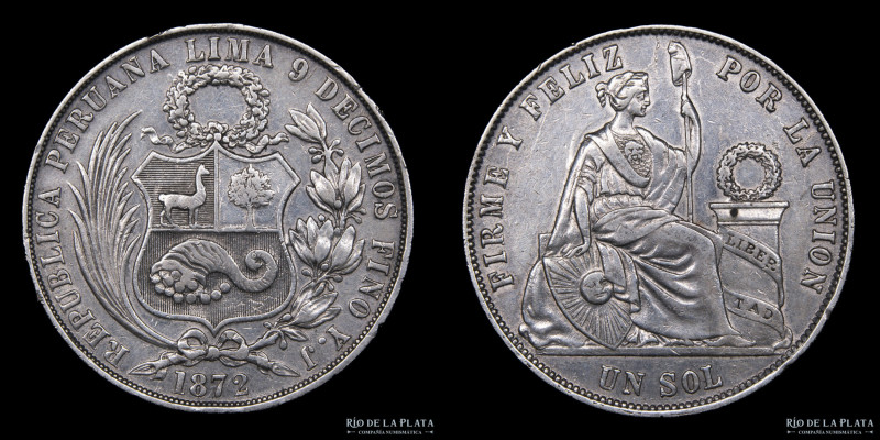 Perú. 1 Sol 1872 YJ. Plata 900; 37.0mm; 24.77g. KM196.3 (VF+)

Estimate: USD 3...