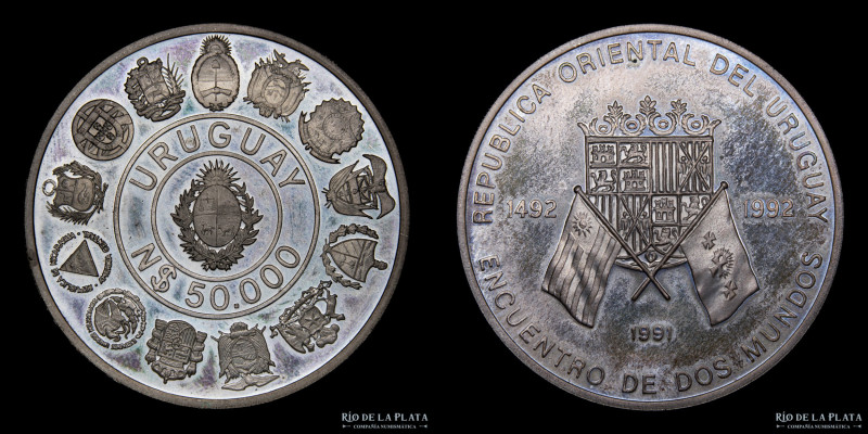 Uruguay. 50.000 N$ 1991. Serie Iberoamericana. Solo 70.000 unidades. Plata 925; ...