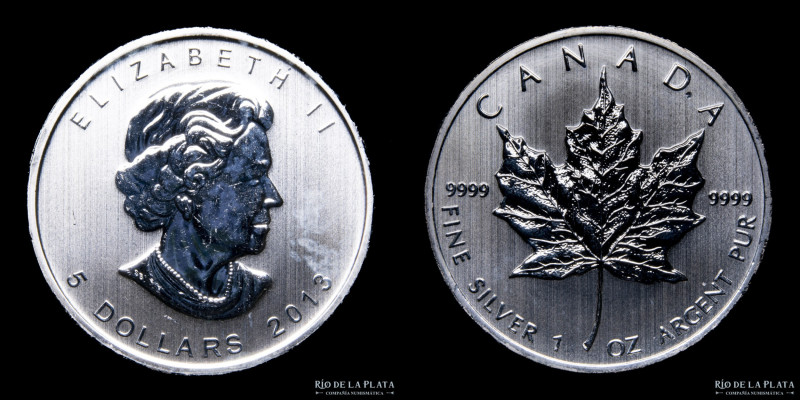 Canadá. 5 Dollars 2013. Silver Maple. Plata 9999; 38mm; 31.11g. 1 Oz. KM625 (Pro...