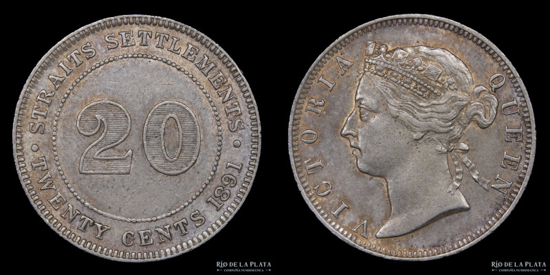 Colonias del Estrecho. Victoria (1837-1901). 20 Cents 1891. Plata 800; 23.8mm; 5...