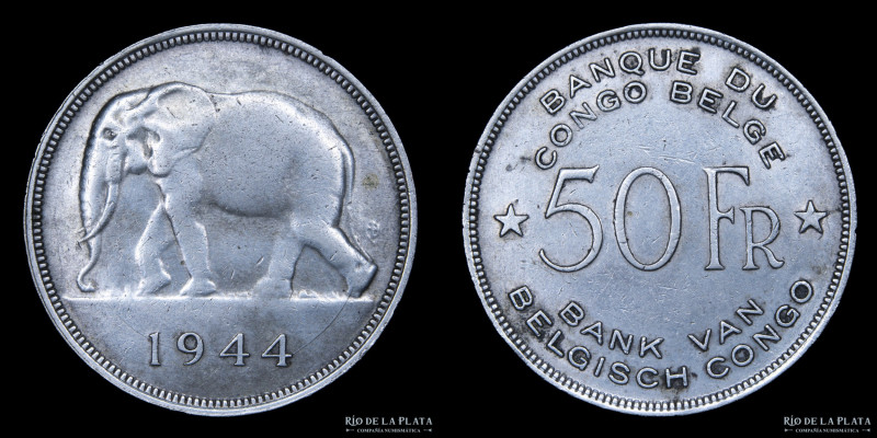 Congo Belga. 50 Francs 1944. Plata 600; 34mm; 17.43g. KM27 (XF) Limpiada

Esti...