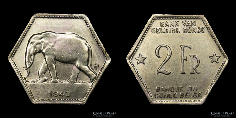 Congo Belga. 2 Francs 1943. Latón; 28mm; 6.00g. KM25 (XF)

Estimate: USD 40 - ...