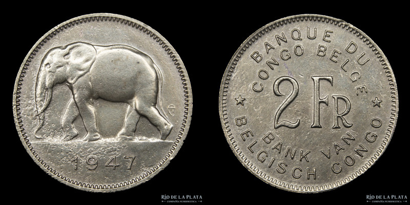 Congo Belga. 2 Francs 1947. Latón; 16.5mm; 4.93g. KM28 (XF)

Estimate: USD 20 ...