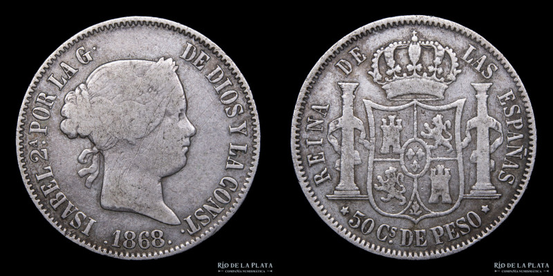 Filipinas. Isabel II. 50 Céntimos de Peso 1868. Plata; 29.5mm; 12.81g. KM147 (VF...