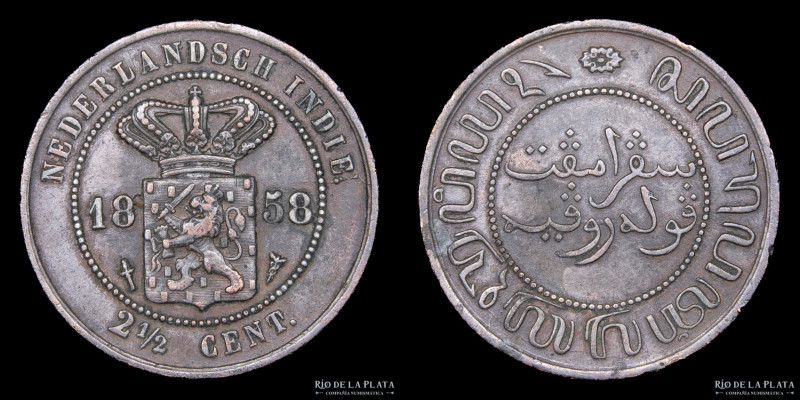 Indias Orientales Holandesas. 2 1/2 Cents 1858. Cobre; 31.0mm; 12.5g. KM308.1 (V...