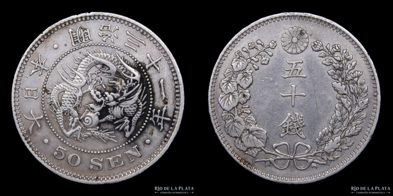 Japón. Meiji (1867-1912) 50 Sen año 31 (1898). Plata 800; 31.0mm; 13.38g. KMY25....