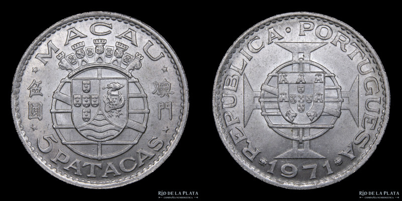 Macao. 5 Patacas 1971. Plata 650; 30.1mm; 9.93g. Único año. Solo 500000 emitidas...