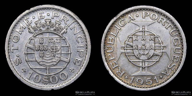 Santo Tomé y Príncipe. 10 Escudos 1951. Plata 750; 30mm; 12.50g. Único año. Solo...