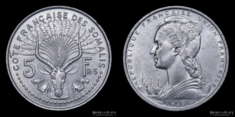 Somalia Francesa (1896-1967) Somaliland. 5 Francs 1948. Aluminio; 31.1mm; 3.69g....