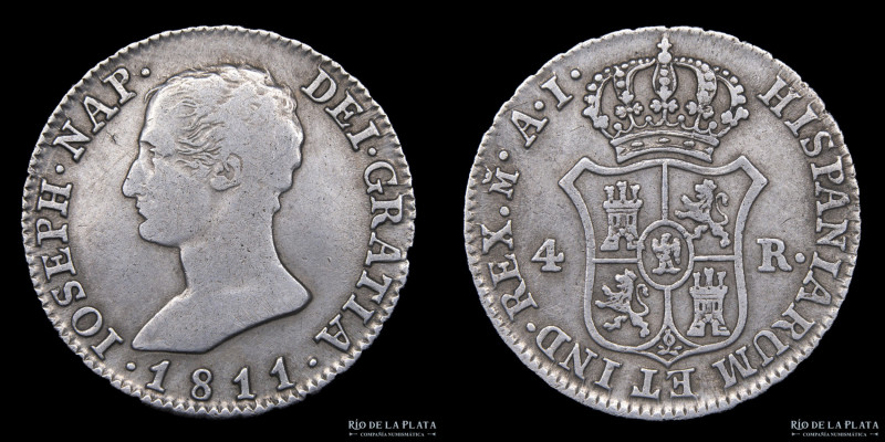 España. José Napoleón (1808-1814) 4 Reales 1811 M AI. Madrid. Plata 903; 26.0mm;...