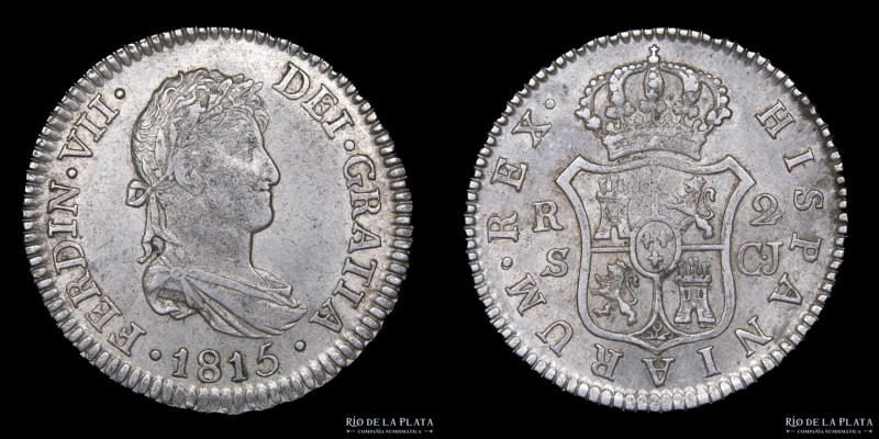 España. Fernando VII (1808-1833) 2 Reales 1815 S CJ. Sevilla. Plata 810; 26mm; 6...