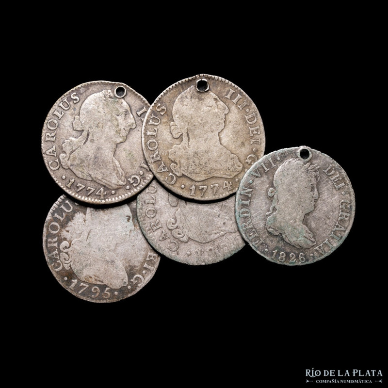 España. Lote x5. 2 Reales (1774-1826). Diversas cecas. Plata; 28g (totales). Per...