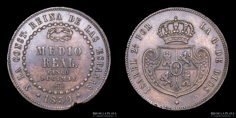 España. Isabel II (1833-1868) 1/2 Real 1850. Segovia mint. Cobre; 32mm; 18.48g. ...