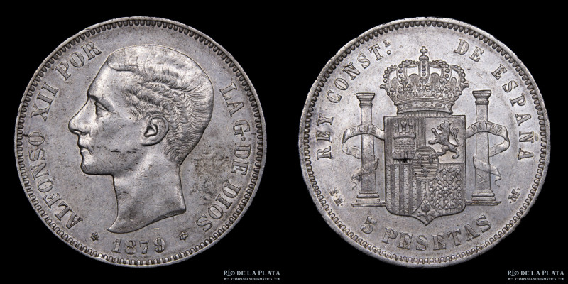 España. Alfonso XII (1874-1885). 5 Pesetas 1879 (79) EM-M. Plata 900; 37mm; 24.8...