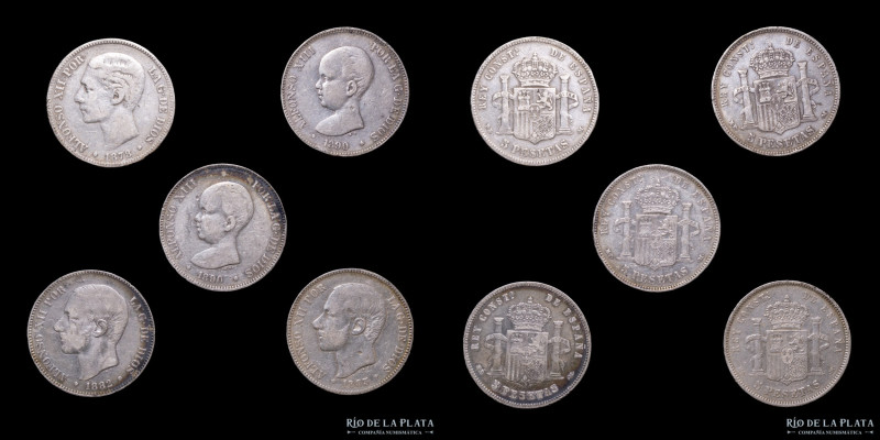 España. Lote x5. Alfonso XII-XIII. 5 Pesetas 1878-1890. Plata 900; 37mm; 123.73g...