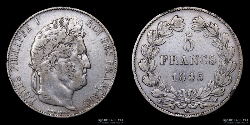 Francia. Luis Felipe I (1830-1848) 5 Francs 1845 W. Ceca de Lille. Plata 900; 36...