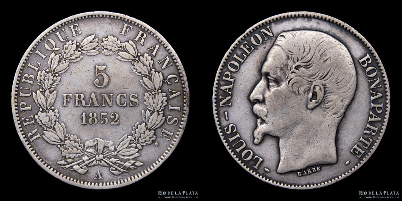 Francia (2º República) 5 Francs 1852 A. Paris Mint. Plata 900; 38.0mm; 24.78g. K...