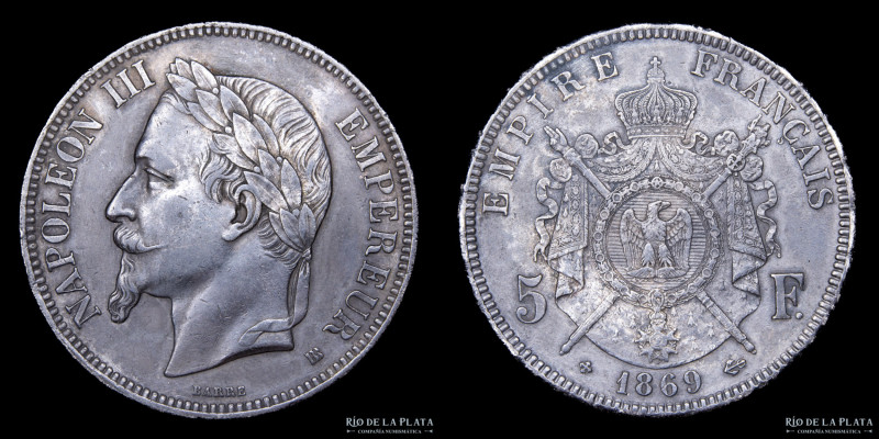 Francia. Napoleón III (1852-1870) 5 Francs 1869 BB Estrasburgo. Plata 900; 37.0m...