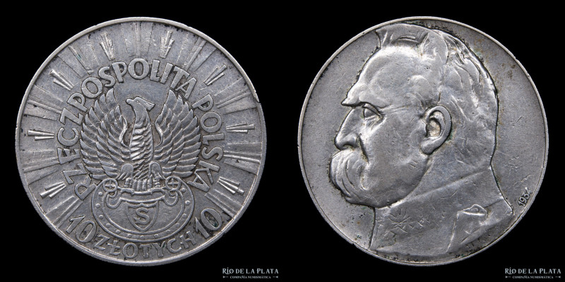 Polonia. 10 Zlotys 1934. Jozef Pilsudski. Rifle Corps. Plata 750; 34mm; 22.01g. ...