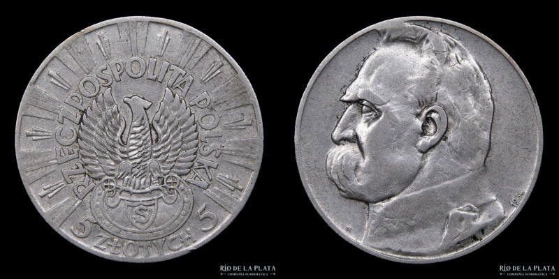 Polonia. 5 Zlotys 1934. Jozef Pilsudski. Rifle Corps. Plata 750; 28mm; 10.99g. K...